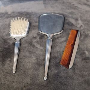 Vintage Silver Plated Dresser Set 3 Piece Vanity Mirror Brush and Comb